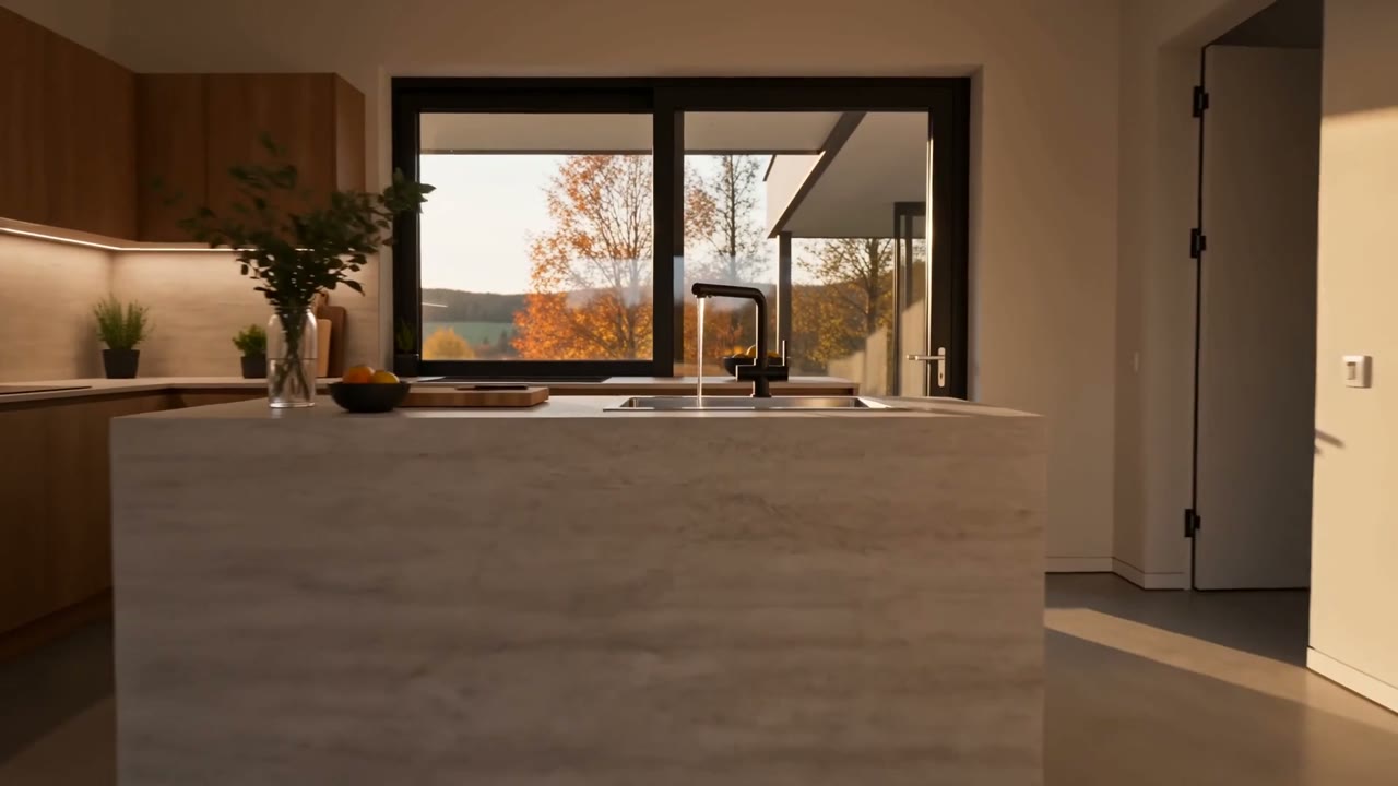Küche mit Kücheninsel, schwarzer Armatur und Fensterfront im Abendlicht